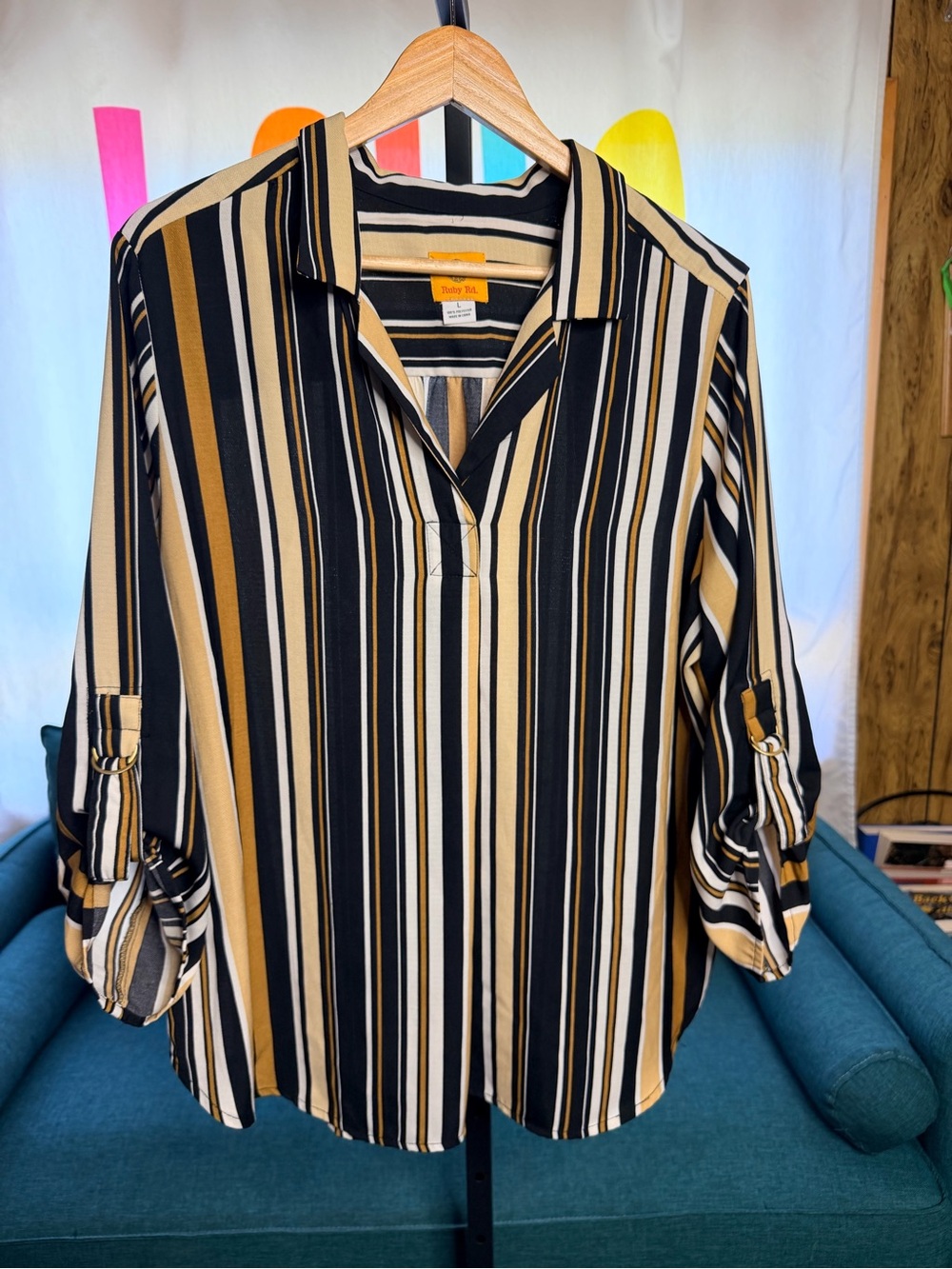 Ruby Rd. Vertical Stripe Button-Down Shirt in Black, Tan and White